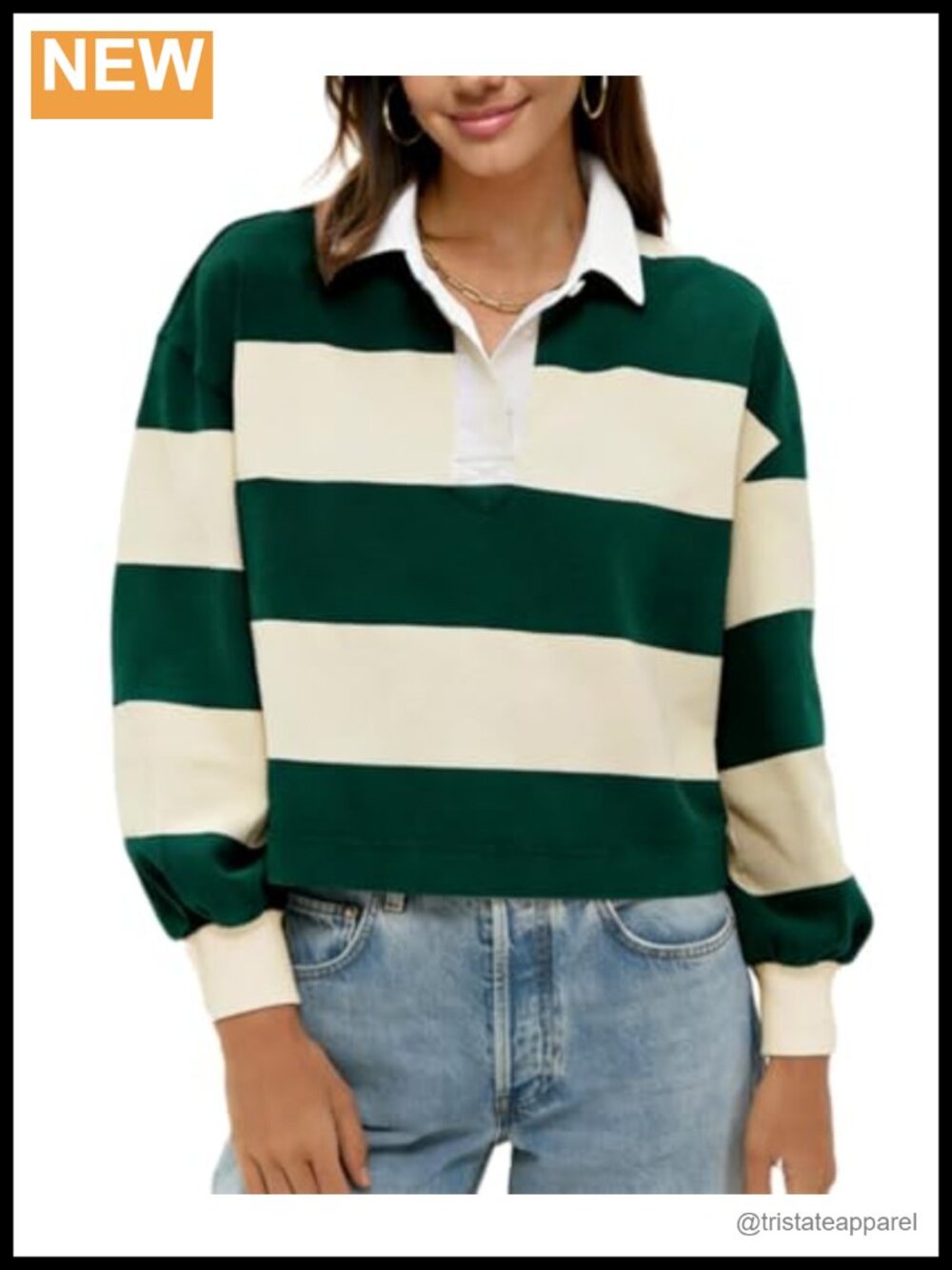 Women's Striped Rugby Polo Long Sleeve Button Down Cotton Blend
